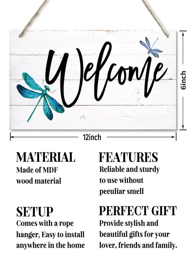 EDCTO Welcome Decor Sign, Hanging Wood Sign Home Decorative, Printed Wood Wall Art Sign, Dragonfly Welcome Sign, Outdoor Indoor Decor Sign, Country Home Decor, Front Door Decor for Farmhouse Porch 12*6inch - Image 2